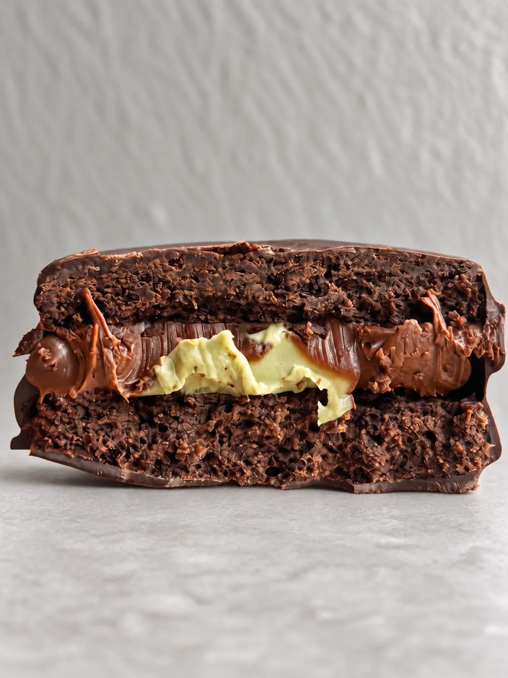 Alfajor de pistacho y ganache de chocolate, con cobertura de chocolate negro