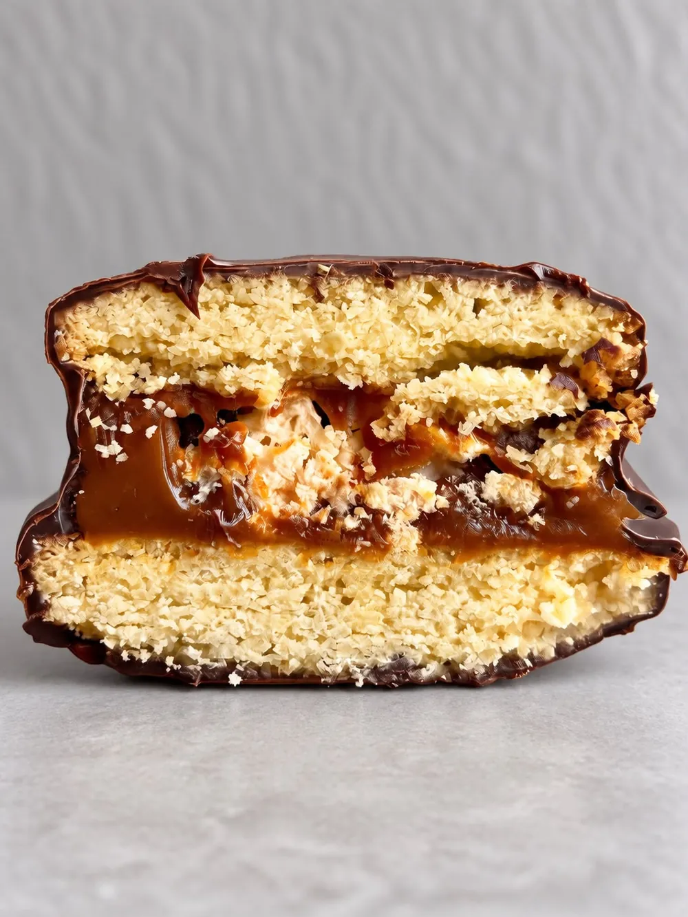 Alfajor de dulce de leche y merengue, con cobertura de chocolate negro