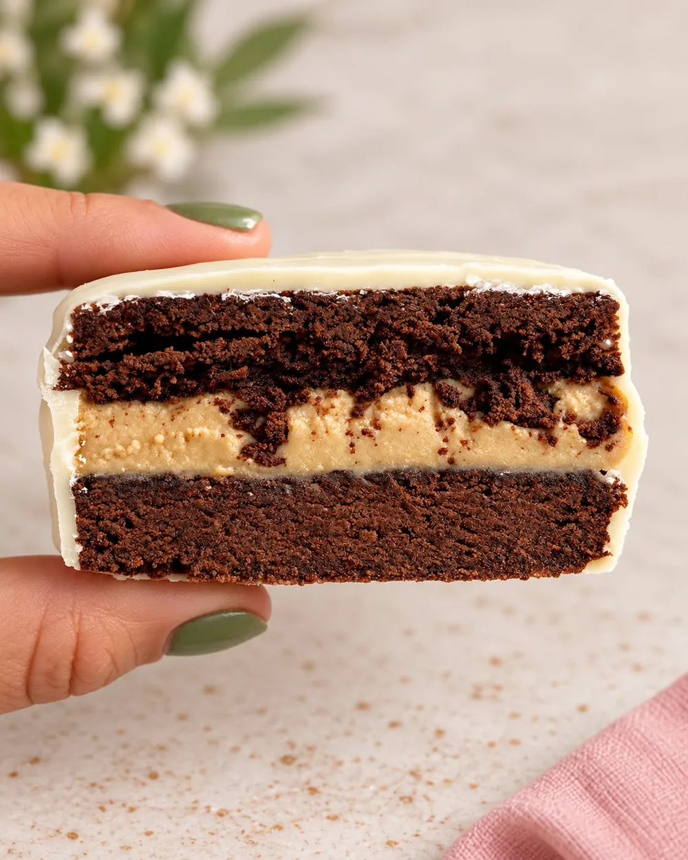 Alfajor de chocolate y café, con cobertura de chocolate blanco