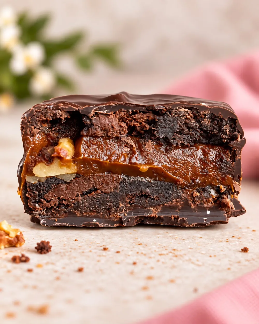 Alfajor de brownie, nueces y dulce de leche, con cobertura de chocolate negro