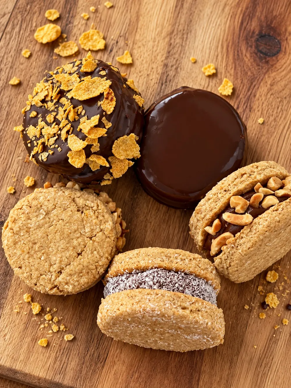 Alfajores surtidos sobre una tabla de madera