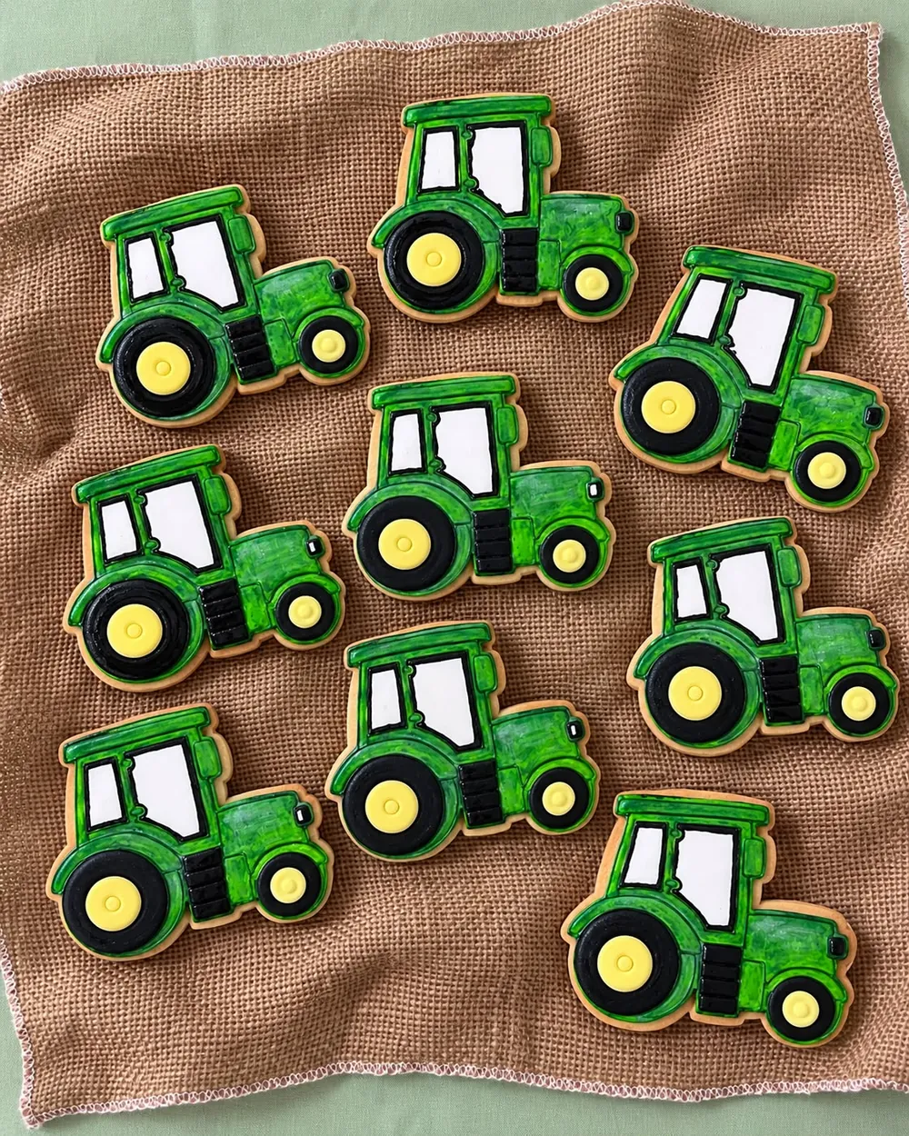 Galletas decoradas con forma de tractor verde
