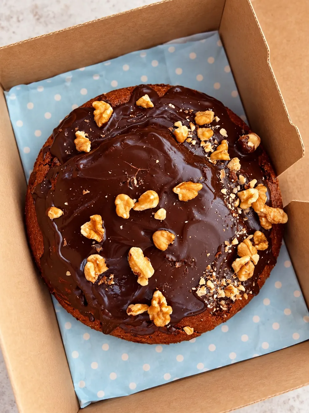 Torta de chocolate con nueces en caja